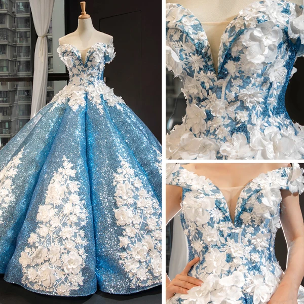 Sparkly Flower Fairy Pool Blue Dancing Prom Dresses 2023 Ball Gown Off-The-Shoulder Short Sleeve Appliques Flower Beading Pearl Floor-Length / Long Ruffle
