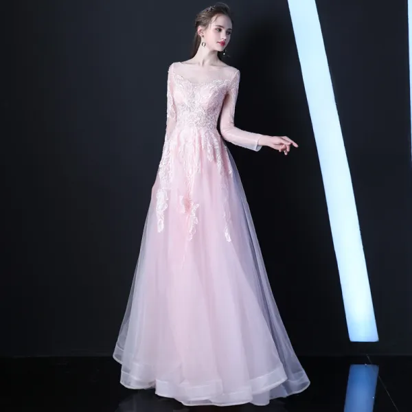 Elegant Blushing Pink See-through Evening Dresses  2019 A-Line / Princess Scoop Neck Long Sleeve Appliques Lace Beading Floor-Length / Long Ruffle Formal Dresses