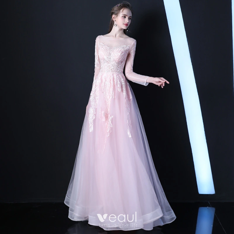 Elegant Blushing Pink See-through Evening Dresses 2019 A-Line / Princess Scoop Neck Long Sleeve Appliques Lace Beading Floor-Length / Long Ruffle Formal Dresses Elegant Blushing Pink See-through Evening Dresses 2019 A-Line / Princess Scoop Neck Long Sleeve Appliques Lace Beading Floor-Length / Long Ruffle Formal Dresses