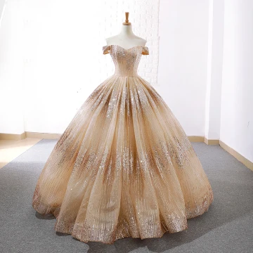 Sparkly Champagne Dancing Prom Dresses 2023 Ball Gown Off The Shoulder Short Sleeve Sequins Floor Length Long Backless Formal Dresses