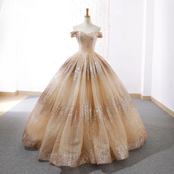 Sparkly Champagne Dancing Prom Dresses 2023 Ball Gown Off-The-Shoulder Short Sleeve Sequins Floor-Length / Long Backless Formal Dresses