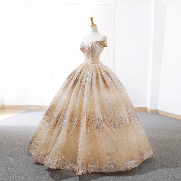 Scintillantes Champagne Dansant Robe De Bal 2023 Robe Boule De l'épaule Manches Courtes Paillettes Longue Dos Nu Robe De Ceremonie