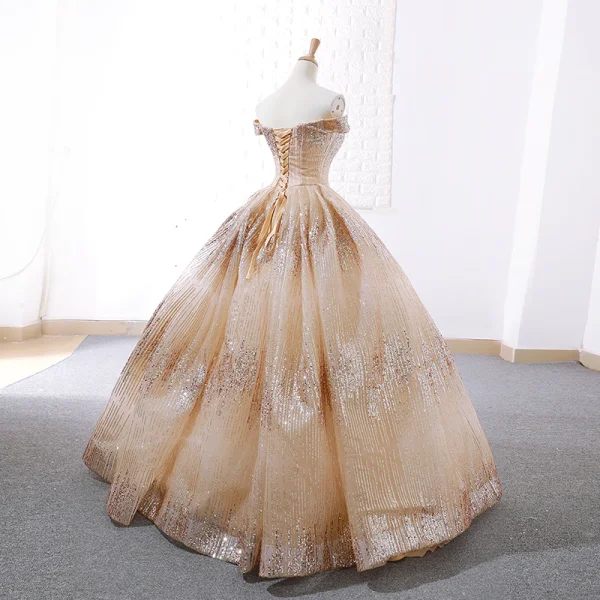 Scintillantes Champagne Dansant Robe De Bal 2023 Robe Boule De l'épaule Manches Courtes Paillettes Longue Dos Nu Robe De Ceremonie