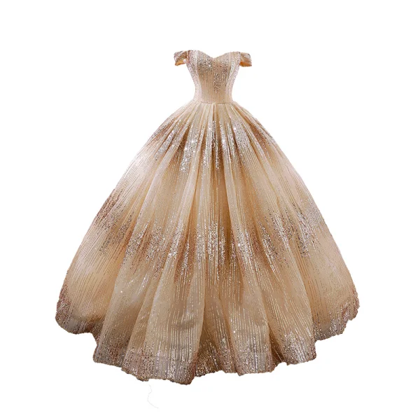 Scintillantes Champagne Dansant Robe De Bal 2023 Robe Boule De l'épaule Manches Courtes Paillettes Longue Dos Nu Robe De Ceremonie