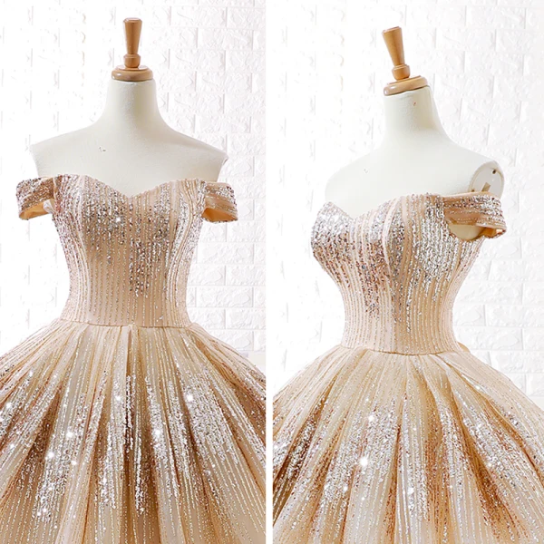 Scintillantes Champagne Dansant Robe De Bal 2023 Robe Boule De l'épaule Manches Courtes Paillettes Longue Dos Nu Robe De Ceremonie