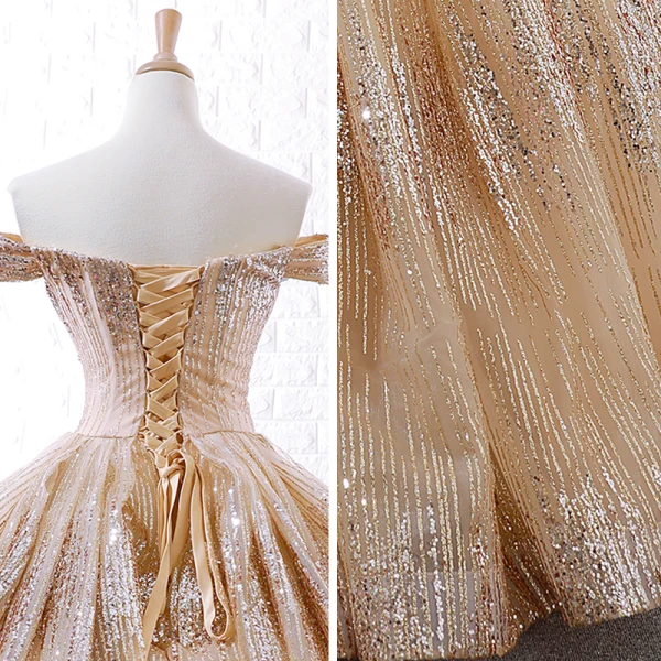 Scintillantes Champagne Dansant Robe De Bal 2023 Robe Boule De l'épaule Manches Courtes Paillettes Longue Dos Nu Robe De Ceremonie