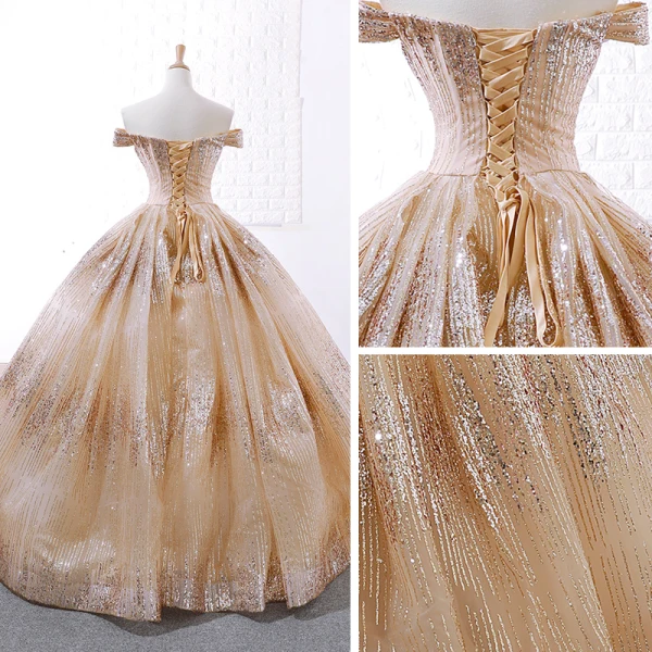 Scintillantes Champagne Dansant Robe De Bal 2023 Robe Boule De l'épaule Manches Courtes Paillettes Longue Dos Nu Robe De Ceremonie