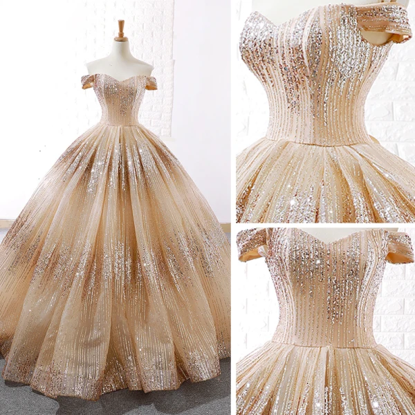 Scintillantes Champagne Dansant Robe De Bal 2023 Robe Boule De l'épaule Manches Courtes Paillettes Longue Dos Nu Robe De Ceremonie