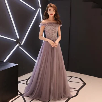 Chic Beautiful Lavender Evening Dresses 2019 A Line Princess Off The Shoulder Short Sleeve Appliques Lace Beading Pearl Sweep Train Ruffle Backless Formal Dresses