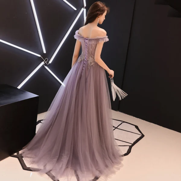 Chic / Belle Lavande Robe De Soirée 2019 Princesse De l'épaule Manches Courtes Appliques En Dentelle Perlage Perle Train De Balayage Volants Dos Nu Robe De Ceremonie