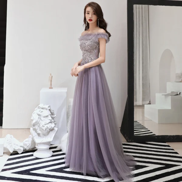 Chic / Belle Lavande Robe De Soirée 2019 Princesse De l'épaule Manches Courtes Appliques En Dentelle Perlage Perle Train De Balayage Volants Dos Nu Robe De Ceremonie