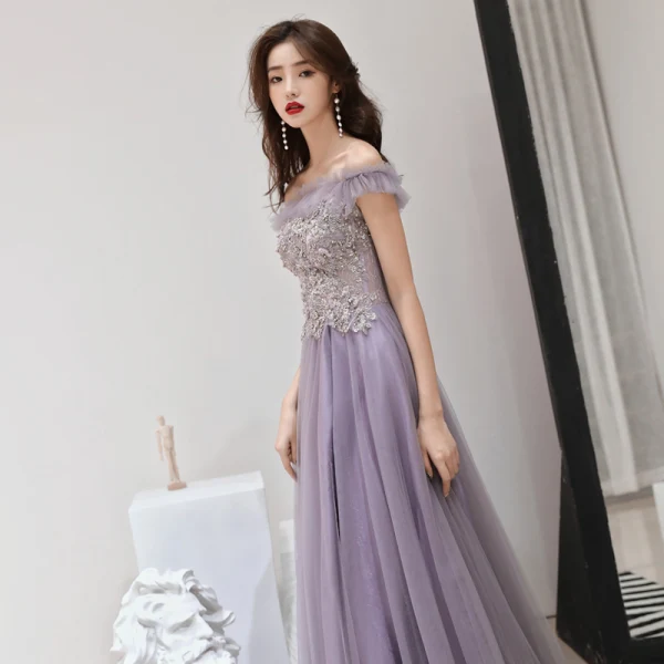 Chic / Belle Lavande Robe De Soirée 2019 Princesse De l'épaule Manches Courtes Appliques En Dentelle Perlage Perle Train De Balayage Volants Dos Nu Robe De Ceremonie