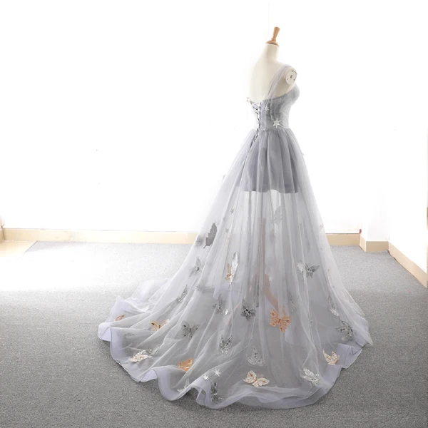High End Sommer Grau Abendkleider 2023 A Linie Schultern Ärmellos Schmetterling Star Applikationen Spitze Sweep / Pinsel Zug Rüschen Rückenfreies