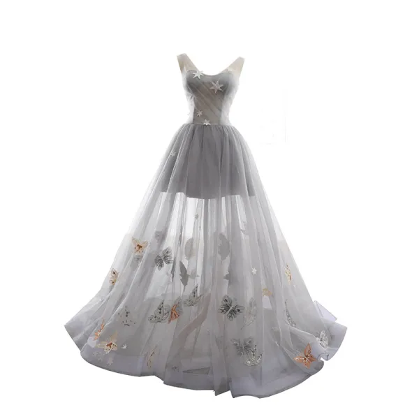 High End Sommer Grau Abendkleider 2023 A Linie Schultern Ärmellos Schmetterling Star Applikationen Spitze Sweep / Pinsel Zug Rüschen Rückenfreies