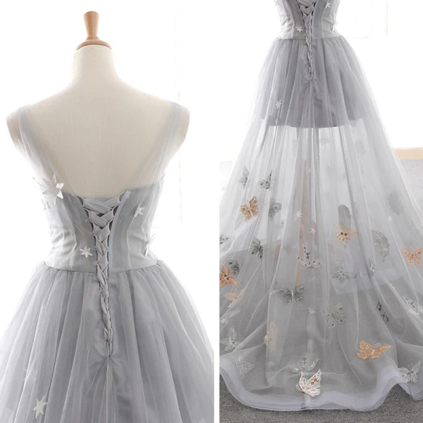 High End Sommer Grau Abendkleider 2023 A Linie Schultern Ärmellos Schmetterling Star Applikationen Spitze Sweep / Pinsel Zug Rüschen Rückenfreies