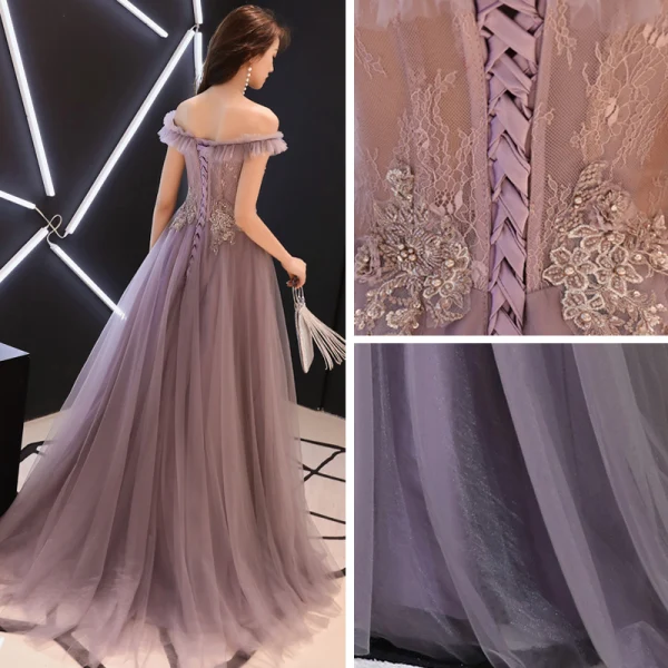 Chic / Belle Lavande Robe De Soirée 2019 Princesse De l'épaule Manches Courtes Appliques En Dentelle Perlage Perle Train De Balayage Volants Dos Nu Robe De Ceremonie