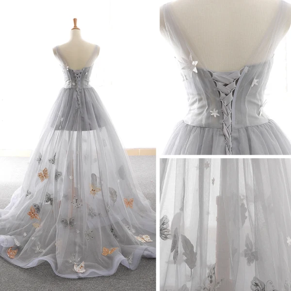 High End Sommer Grau Abendkleider 2023 A Linie Schultern Ärmellos Schmetterling Star Applikationen Spitze Sweep / Pinsel Zug Rüschen Rückenfreies