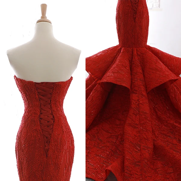 Luxe Bordeaux Tapis rouge Robe De Soirée 2023 Trompette / Sirène Bustier Sans Manches Glitter Appliques En Dentelle Train De Balayage Volants Dos Nu Robe De Ceremonie