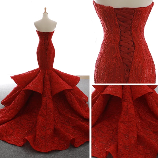 Luxe Bordeaux Tapis rouge Robe De Soirée 2023 Trompette / Sirène Bustier Sans Manches Glitter Appliques En Dentelle Train De Balayage Volants Dos Nu Robe De Ceremonie