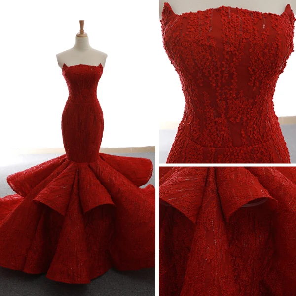 Luxe Bordeaux Tapis rouge Robe De Soirée 2023 Trompette / Sirène Bustier Sans Manches Glitter Appliques En Dentelle Train De Balayage Volants Dos Nu Robe De Ceremonie