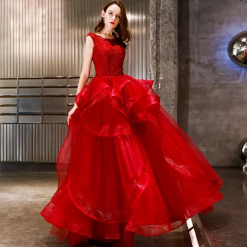 Affordable Red Organza Evening Dresses 2019 A Line Princess Scoop Neck Sleeveless Floor Length Long Backless Cascading Ruffles Formal Dresses
