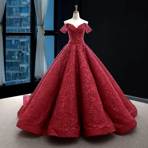 Best Red Wedding Dresses 2023 A-Line / Princess Off-The-Shoulder Short Sleeve Backless Glitter Appliques Lace Sweep Train Ruffle