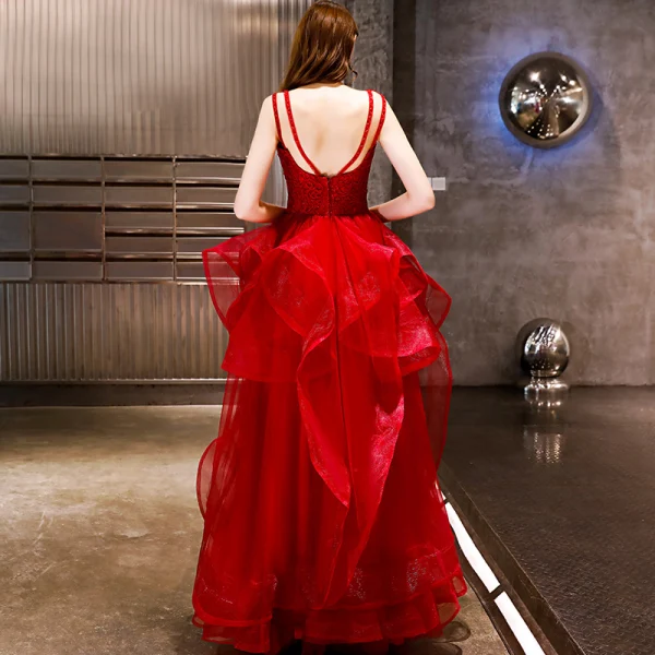 Affordable Red Organza Evening Dresses 2019 A-Line / Princess Scoop Neck Sleeveless Floor-Length / Long Backless Cascading Ruffles Formal Dresses