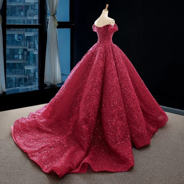 Bäst Röd Bröllopsklänningar 2023 Prinsessa Av Axeln Korta ärm Halterneck Glittriga / Glitter Appliqués Spets Svep Tåg Ruffle