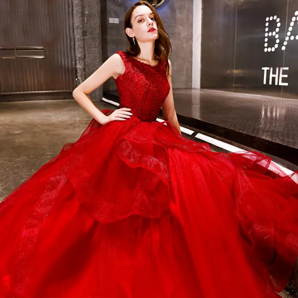 Affordable Red Organza Evening Dresses 2019 A Line Princess Scoop Neck Sleeveless Floor Length Long Backless Cascading Ruffles Formal Dresses