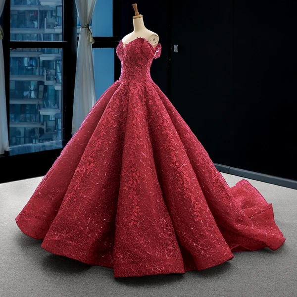 Bäst Röd Bröllopsklänningar 2023 Prinsessa Av Axeln Korta ärm Halterneck Glittriga / Glitter Appliqués Spets Svep Tåg Ruffle