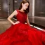 Affordable Red Organza Evening Dresses  2019 A-Line / Princess Scoop Neck Sleeveless Floor-Length / Long Backless Cascading Ruffles Formal Dresses