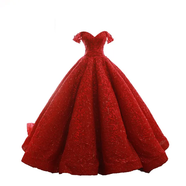 Bäst Röd Bröllopsklänningar 2023 Prinsessa Av Axeln Korta ärm Halterneck Glittriga / Glitter Appliqués Spets Svep Tåg Ruffle