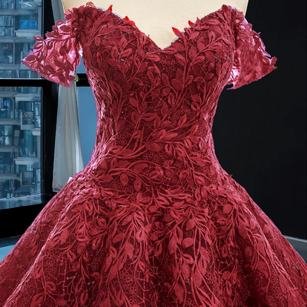 Bäst Röd Bröllopsklänningar 2023 Prinsessa Av Axeln Korta ärm Halterneck Glittriga / Glitter Appliqués Spets Svep Tåg Ruffle