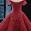 Bäst Röd Bröllopsklänningar 2023 Prinsessa Av Axeln Korta ärm Halterneck Glittriga / Glitter Appliqués Spets Svep Tåg Ruffle