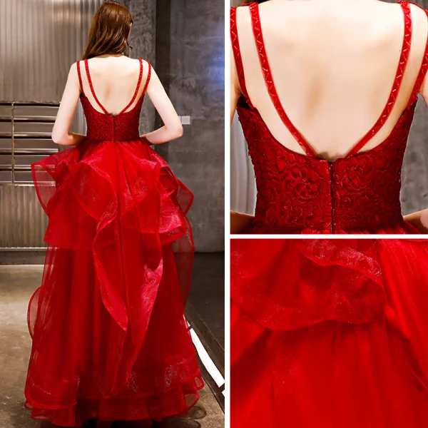 Affordable Red Organza Evening Dresses 2019 A-Line / Princess Scoop Neck Sleeveless Floor-Length / Long Backless Cascading Ruffles Formal Dresses