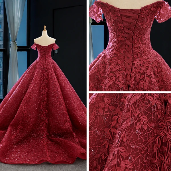 Bäst Röd Bröllopsklänningar 2023 Prinsessa Av Axeln Korta ärm Halterneck Glittriga / Glitter Appliqués Spets Svep Tåg Ruffle