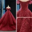 Bäst Röd Bröllopsklänningar 2023 Prinsessa Av Axeln Korta ärm Halterneck Glittriga / Glitter Appliqués Spets Svep Tåg Ruffle