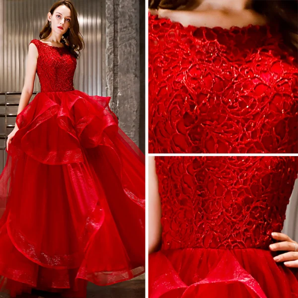 Affordable Red Organza Evening Dresses 2019 A-Line / Princess Scoop Neck Sleeveless Floor-Length / Long Backless Cascading Ruffles Formal Dresses