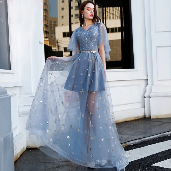 Affordable Sky Blue Evening Dresses 2019 A-Line / Princess V-Neck Short Sleeve Appliques Lace Metal Affordable Sky Blue Evening Dresses 2019 A-Line / Princess V-Neck Short Sleeve Appliques Lace Metal