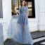 Abordable Bleu Ciel Robe De Soirée 2019 Princesse V-Cou Manches Courtes Appliques En Dentelle Métal Ceinture Longue Volants Dos Nu Robe De Ceremonie