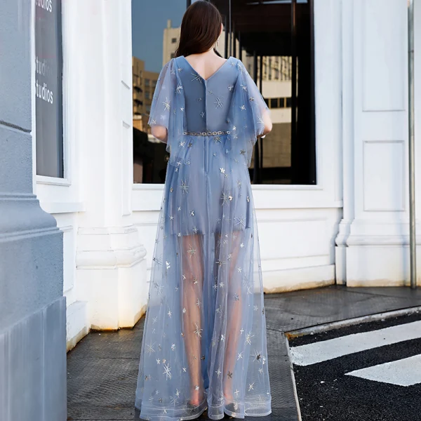 Abordable Bleu Ciel Robe De Soirée 2019 Princesse V-Cou Manches Courtes Appliques En Dentelle Métal Ceinture Longue Volants Dos Nu Robe De Ceremonie