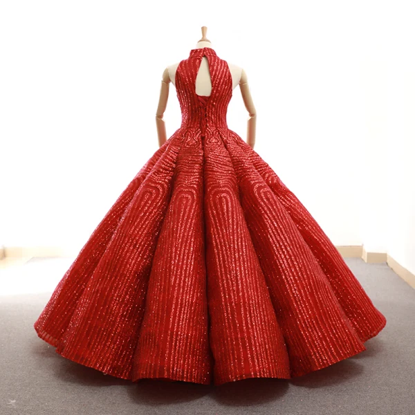 Luxury / Gorgeous Red Dancing Prom Dresses 2023 Ball Gown High Neck Sleeveless Glitter Polyester Floor-Length / Long Ruffle Backless Formal Dresses