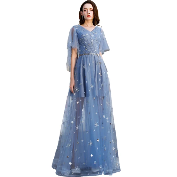 Abordable Bleu Ciel Robe De Soirée 2019 Princesse V-Cou Manches Courtes Appliques En Dentelle Métal Ceinture Longue Volants Dos Nu Robe De Ceremonie