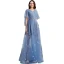 Abordable Bleu Ciel Robe De Soirée 2019 Princesse V-Cou Manches Courtes Appliques En Dentelle Métal Ceinture Longue Volants Dos Nu Robe De Ceremonie