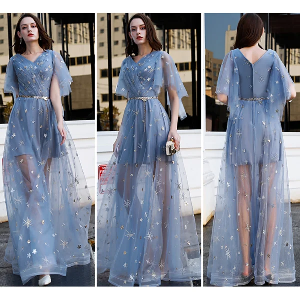 Abordable Bleu Ciel Robe De Soirée 2019 Princesse V-Cou Manches Courtes Appliques En Dentelle Métal Ceinture Longue Volants Dos Nu Robe De Ceremonie
