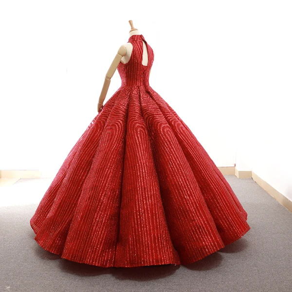 Luxury / Gorgeous Red Dancing Prom Dresses 2023 Ball Gown High Neck Sleeveless Glitter Polyester Floor-Length / Long Ruffle Backless Formal Dresses