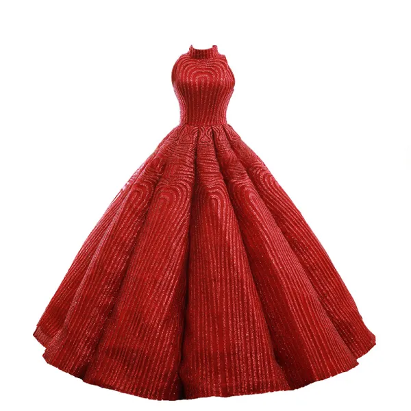 Luxury / Gorgeous Red Dancing Prom Dresses 2023 Ball Gown High Neck Sleeveless Glitter Polyester Floor-Length / Long Ruffle Backless Formal Dresses