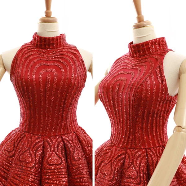Luxury / Gorgeous Red Dancing Prom Dresses 2023 Ball Gown High Neck Sleeveless Glitter Polyester Floor-Length / Long Ruffle Backless Formal Dresses