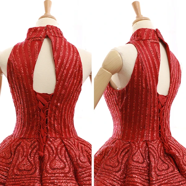 Luxury / Gorgeous Red Dancing Prom Dresses 2023 Ball Gown High Neck Sleeveless Glitter Polyester Floor-Length / Long Ruffle Backless Formal Dresses