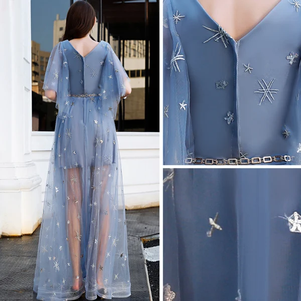 Abordable Bleu Ciel Robe De Soirée 2019 Princesse V-Cou Manches Courtes Appliques En Dentelle Métal Ceinture Longue Volants Dos Nu Robe De Ceremonie